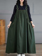 A-Line Loose Pleated Pockets Solid Color Split-Joint Spaghetti-Neck Suspender Dress